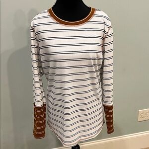 Casual Striped Long Sleeve Tee - White and Brown-NWOT